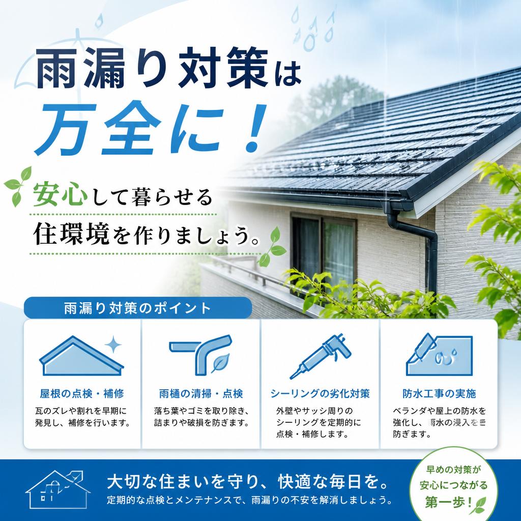 雨漏り対策は万全に！\n安心して暮らせる住環境を作りましょう。